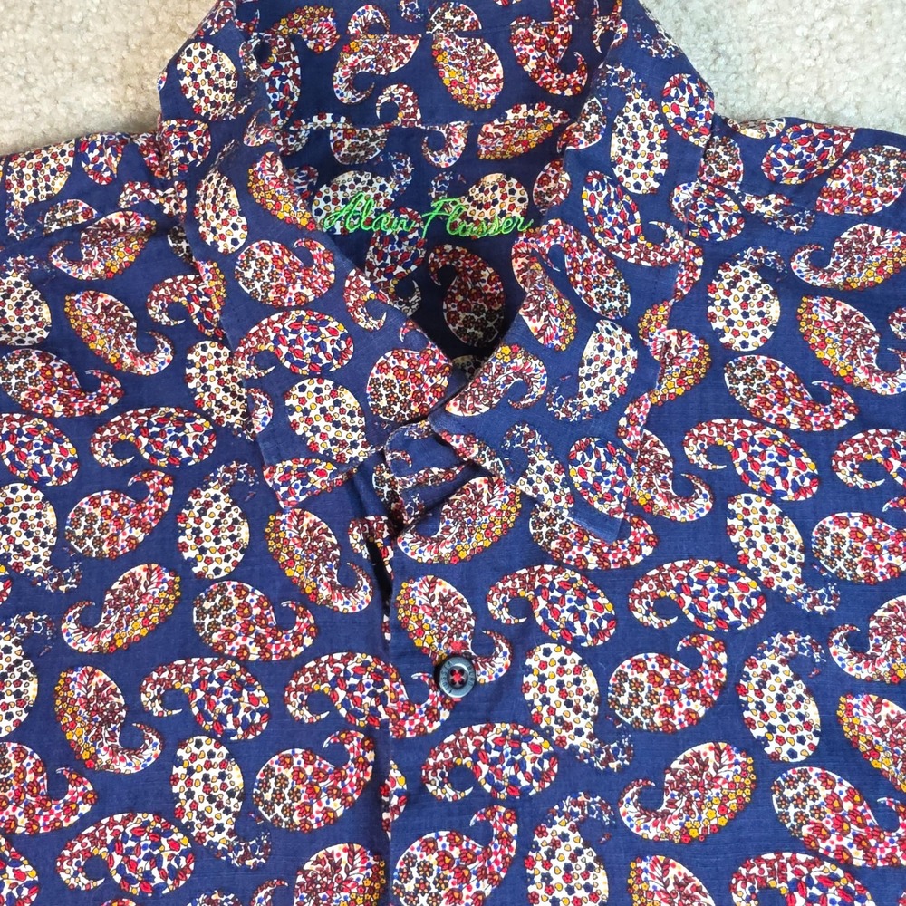 Alan Flusser Paisley Button Down Shirt Mens XL Blue Short Sleeve Multi Color